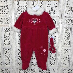 Vintage Disney Mickey Minnie Mouse Red Velvet Onesie Girls Sz 6/9 Months